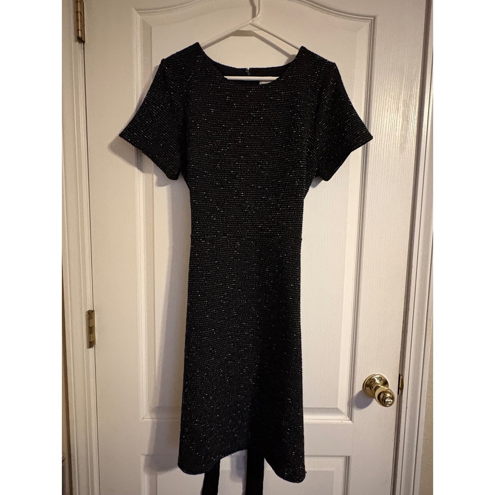 LOFT Sheath Dress Womens 12T Black Excellent Tweed Metallic Tie Waist Short Slv
